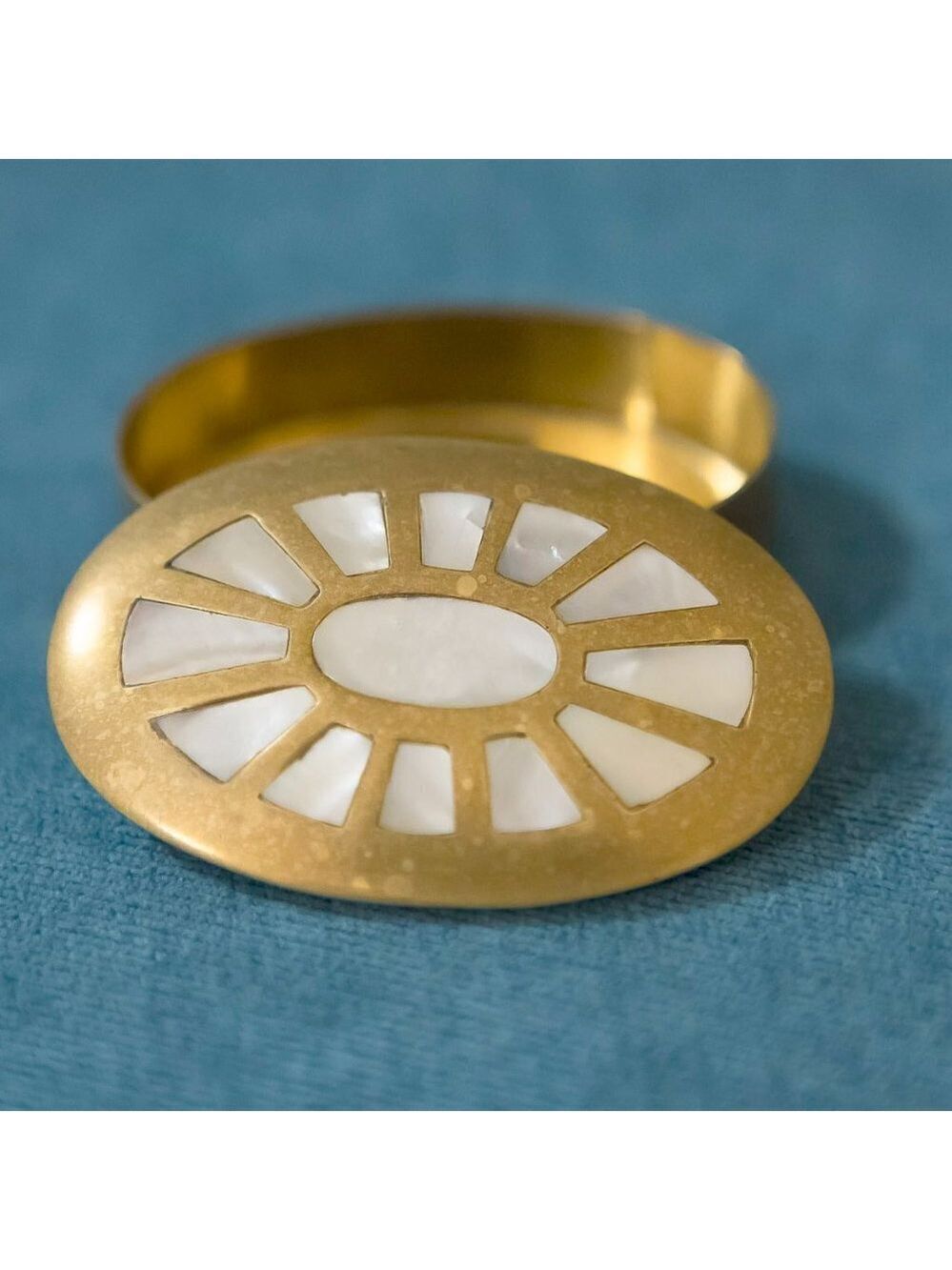 Vintage Oval Brass Pill Trinket Box with Mother of Pearl Inlay